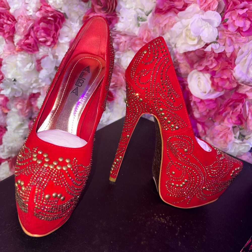 ALBA Yang-30 Red Gold Rhinestone Studded Platform Pumps Size 7